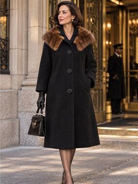 Fashionbilt Black Wool Coat Fur Collar 1960s Vintage ILGWU Long Overcoat Glam